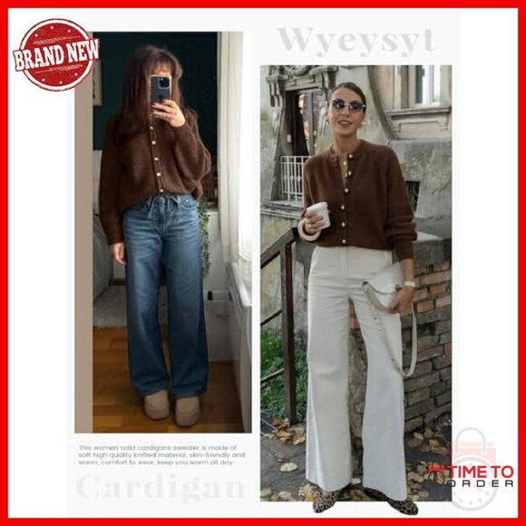 Chunky Knit Cardigan Sweater Button Down Loose Fit Casual Crewneck - Picture 7 of 8